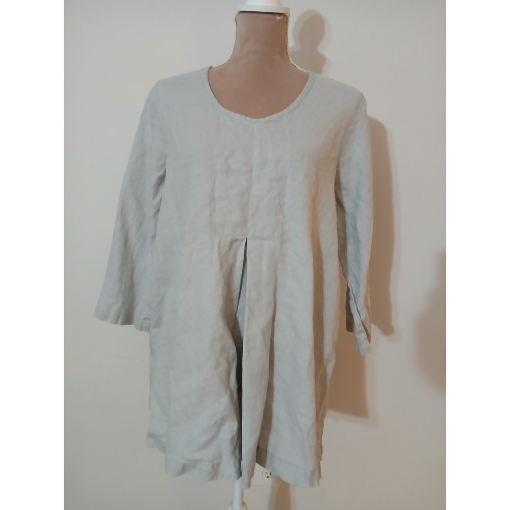 FLAX Women Small Grey Linen Tunic Top 3/4 Sleeve Pleated Front Made in Lithuania